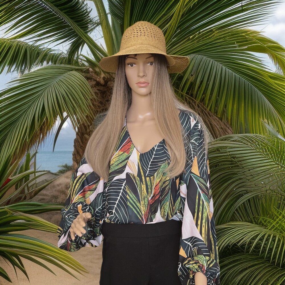 SHEIN Tropical Print V-Neck Balloon-Sleeve Blouse: 1X